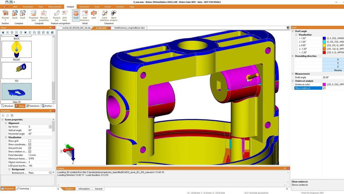 3DViewStation - showing undercuts during draft angle analysis